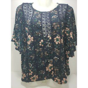 Knox Rose Top Floral Embroidered Sheer Knit Mid Bell Sleeve Blouse Size Medium